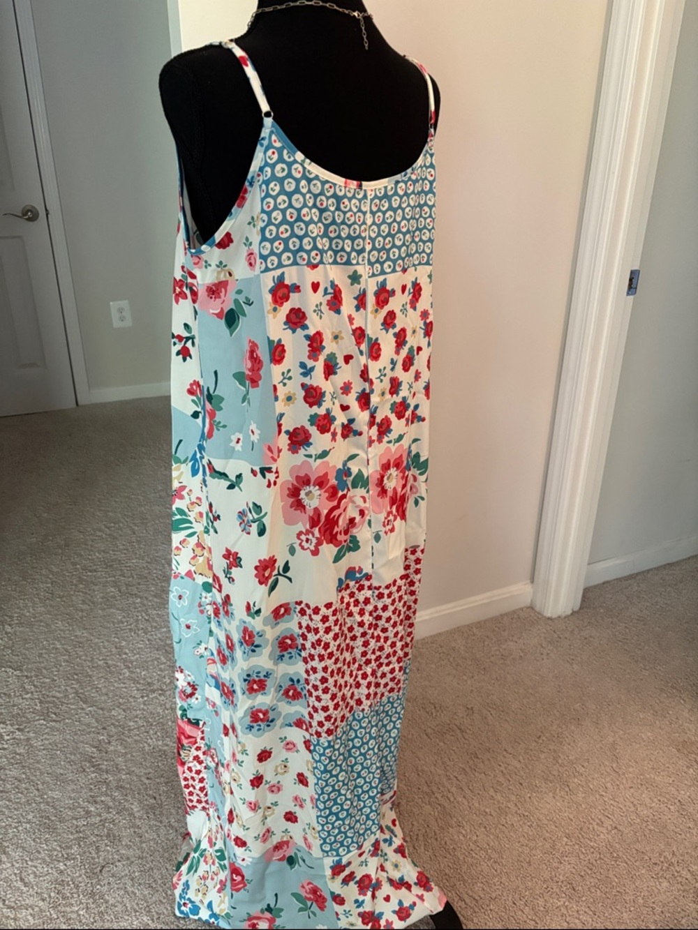 Floral Patchwork Maxi Dress - White with Red & Blue Floral Perfect Beach Dress! - Picture 5 of 5